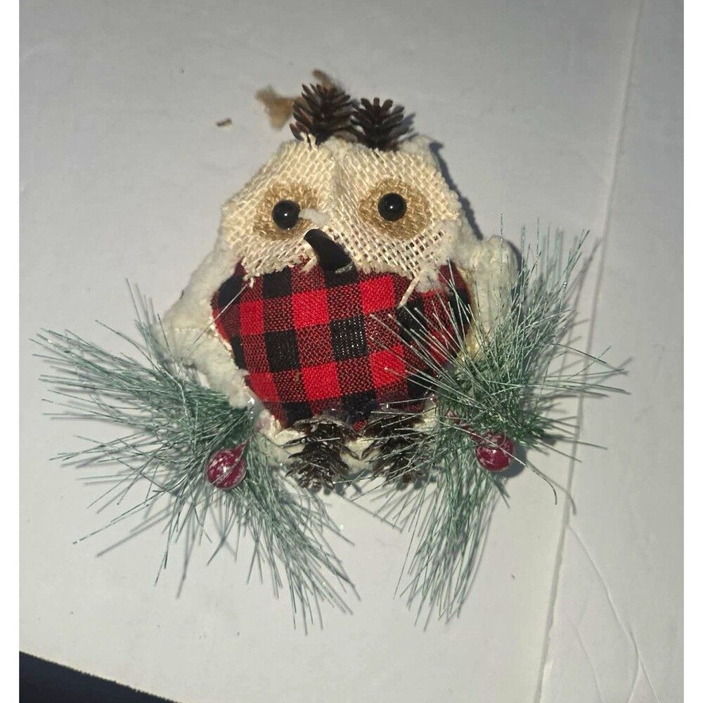 Hanging Owl Christmas Ornament White Fabric w/ Red Plaid Scarf 1pc